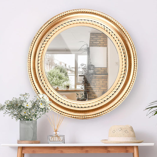 20 Inch round Mirror - Wall Mounted Mirror with Plastic Frame Wooden Finish - Rustic Circular Farmhouse Mirror - Elegant and Versatile Home Decor - Copper