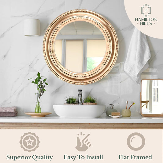 20 Inch round Mirror - Wall Mounted Mirror with Plastic Frame Wooden Finish - Rustic Circular Farmhouse Mirror - Elegant and Versatile Home Decor - Copper
