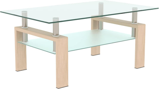 Rectangle Oak Glass, Clear Coffee Modern Side Center Tables for Living Room