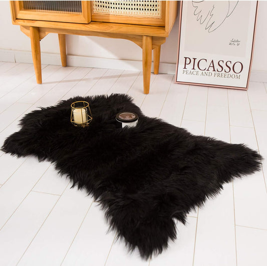 Faux Sheepskin Fur Area Rug Black, 2X3 Feet, 2 Pack, Fluffy Soft Fuzzy Plush Shaggy Carpet Throw Rug for Indoor Floor, Sofa, Chair, Bedroom, Living Room, Home Decoration